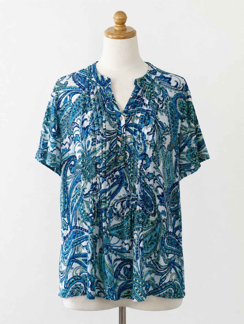 Blue Paisley Short-Sleeve V-Neck Women's Top
